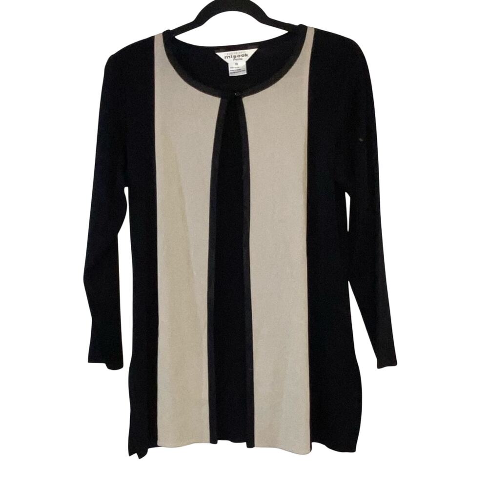 Misook‎ Petite Knit Top XSP Black Beige Colorblock Career Blouse Cardigan Style